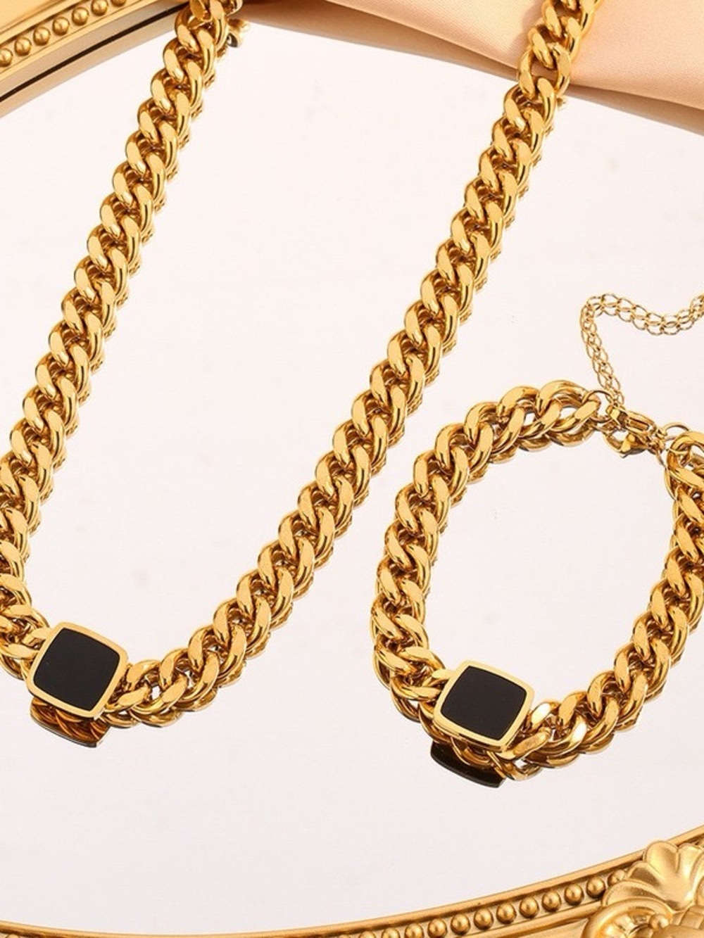 Gold Chain Necklace and Bracelet Set with Black Accents